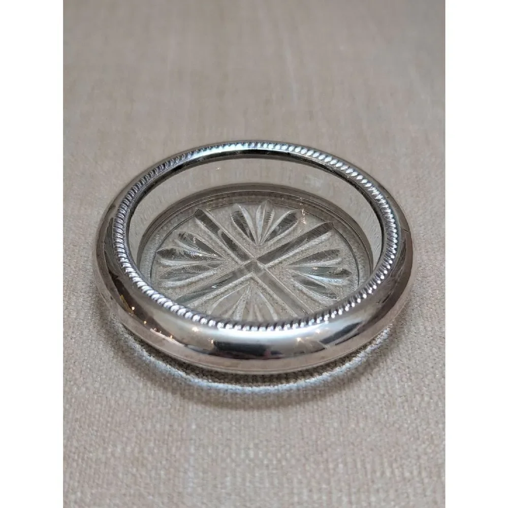 Vintage F B Rogers Sterling Silver Cut Glass Coaster Retro Ashtray